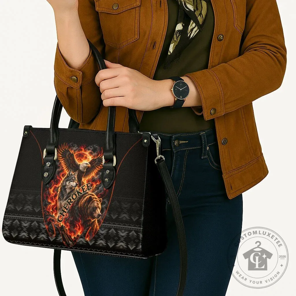 Cherokee Spirit Animals Leather Handbag with Fiery Tribal Art and Native Geometric Patterns 14 Cherokee Spirit Animals Leather Handbag with Fiery Tribal Art and Native Geometric Patterns