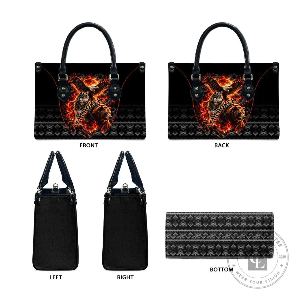 Cherokee Spirit Animals Leather Handbag with Fiery Tribal Art and Native Geometric Patterns 15 Cherokee Spirit Animals Leather Handbag with Fiery Tribal Art and Native Geometric Patterns