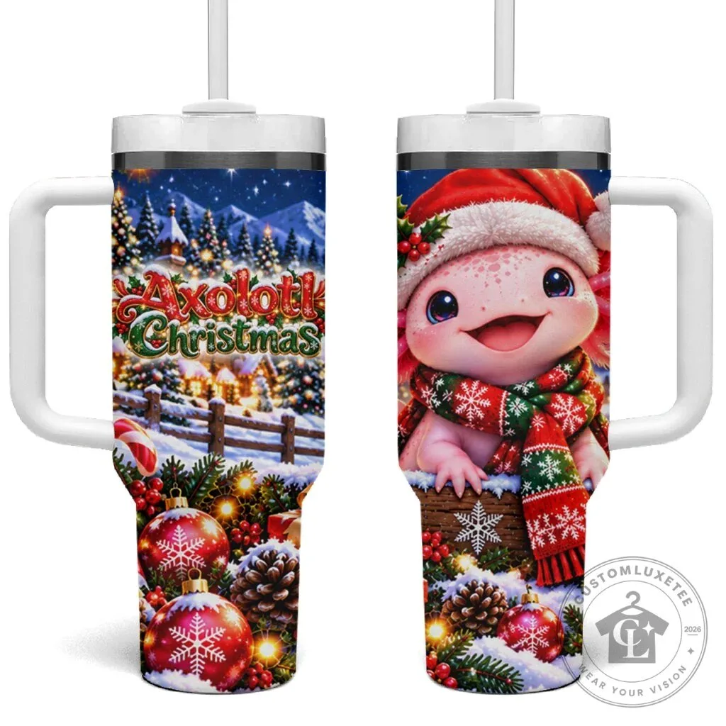Adorable Winter Wonderland Axolotl Holiday Tumbler with Handle for Christmas