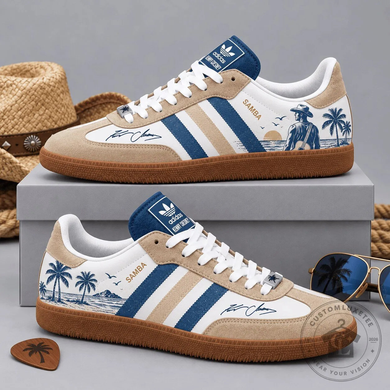 Kenny Chesney Tan Navy Beach Palms Cowboy And Guitar Adidas Samba OG Graphic Shoes