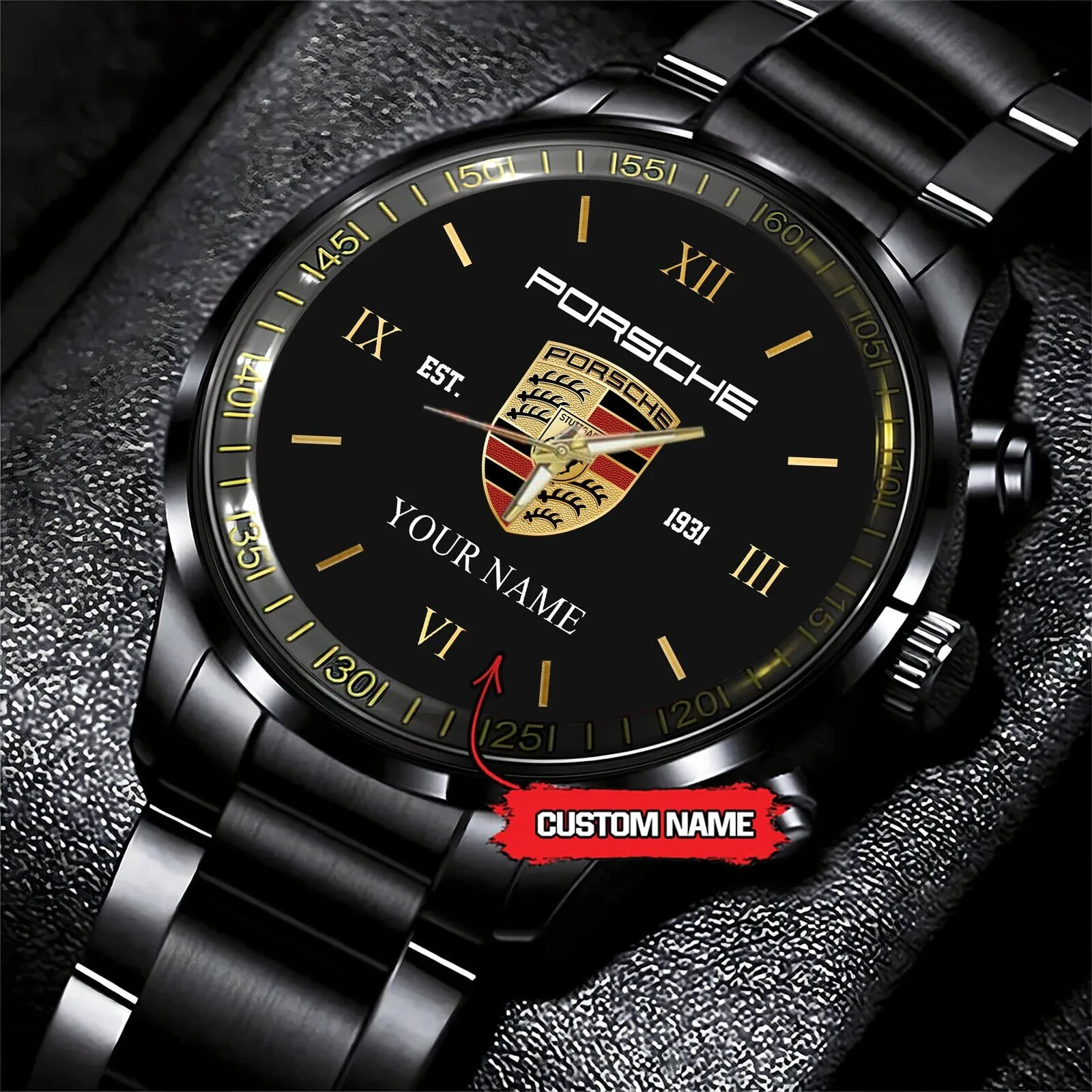 Black Stainless Steel Watch with Custom Name - Porsche Edition