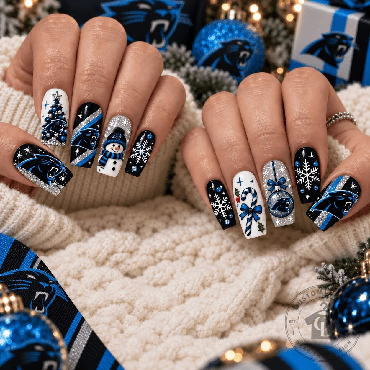 Carolina Panthers Christmas Spirit NFL Holiday Press On Nails Set