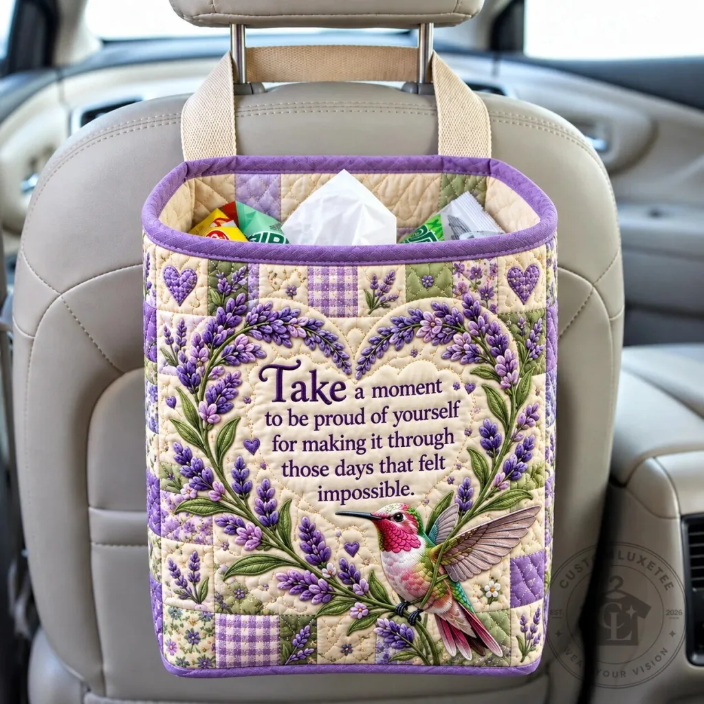 Lavender Hummingbird Encouragement Quilted Car Storage Basket Organizer Lavender Hummingbird Encouragement Quilted Car Storage Basket Organizer