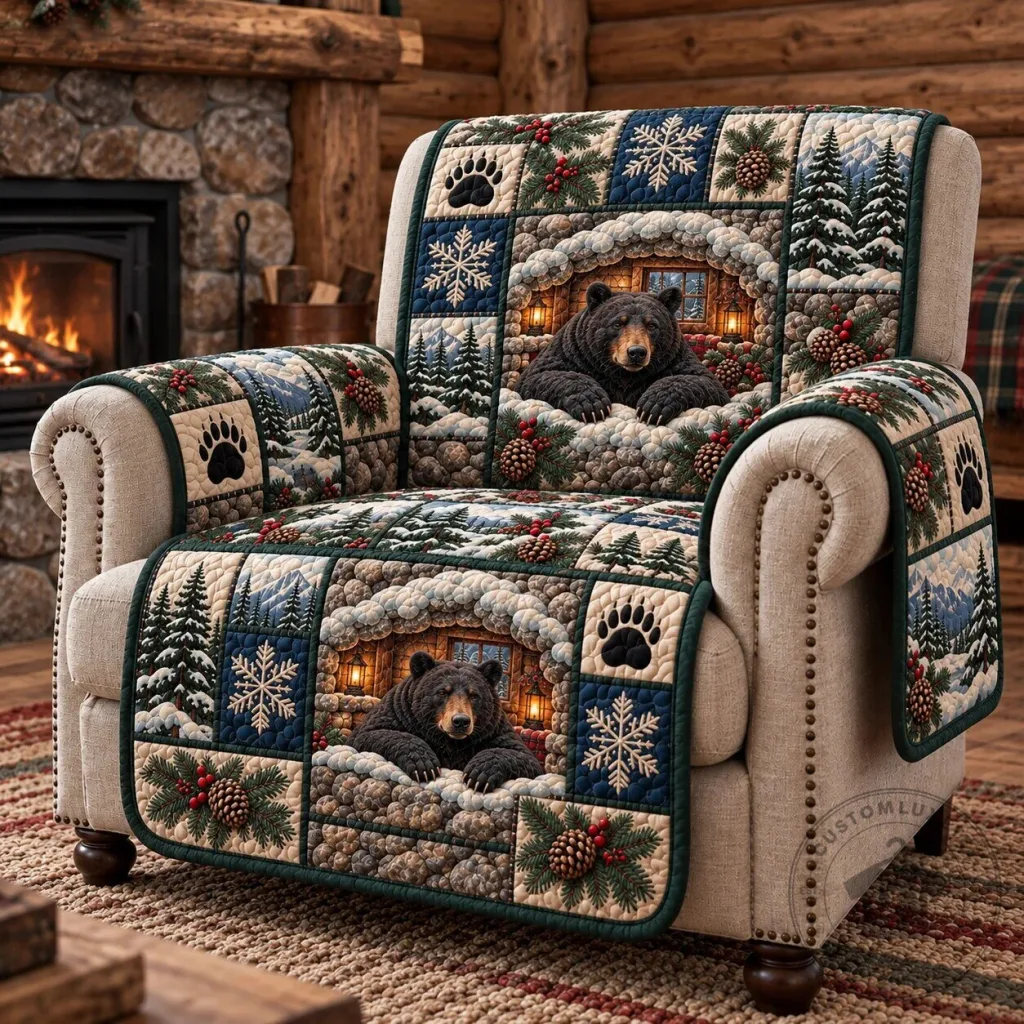Rustic Forest Bear Patchwork Quilted Sofa Cover Rustic Forest Bear Patchwork Quilted Sofa Cover