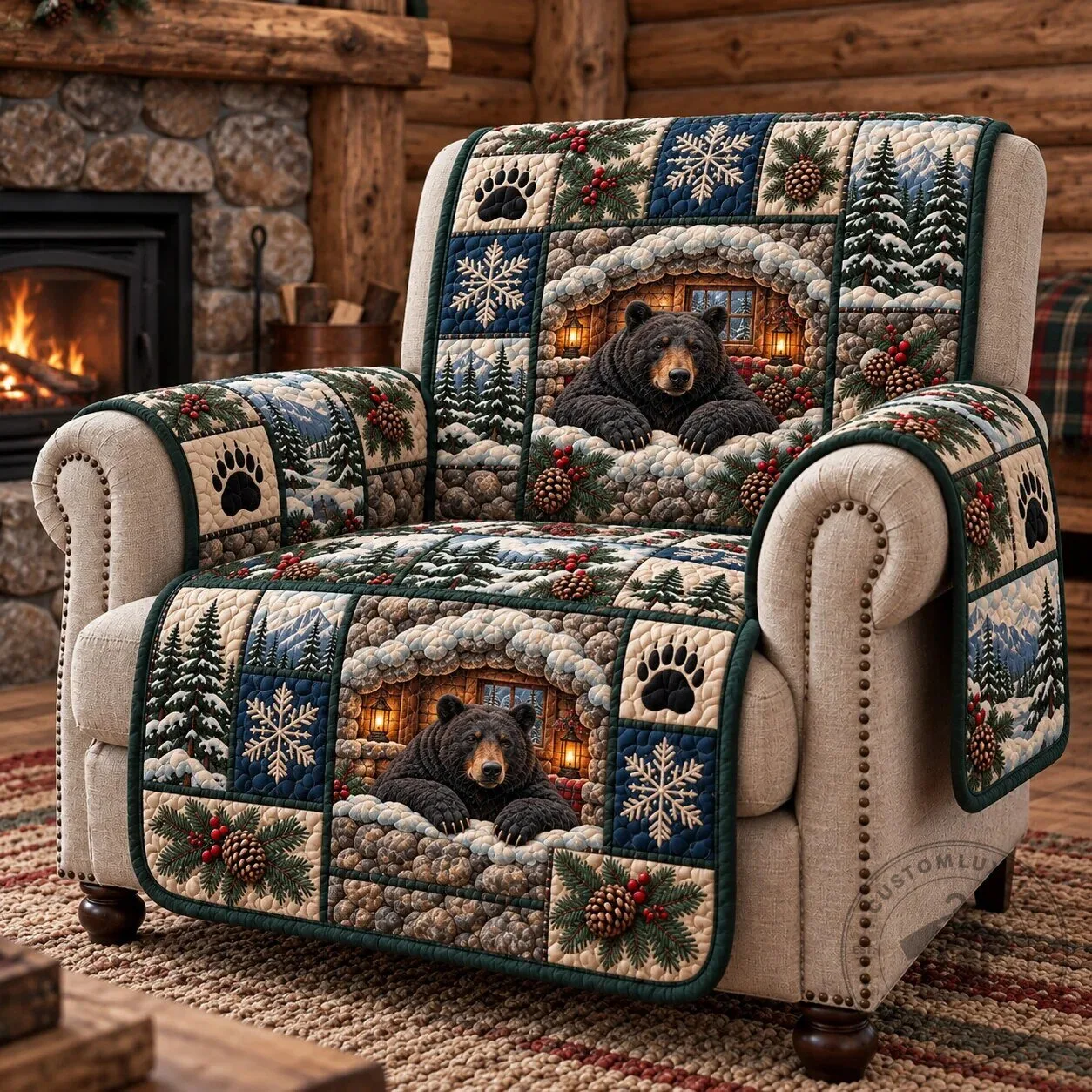 Rustic Forest Bear Patchwork Quilted Sofa Cover