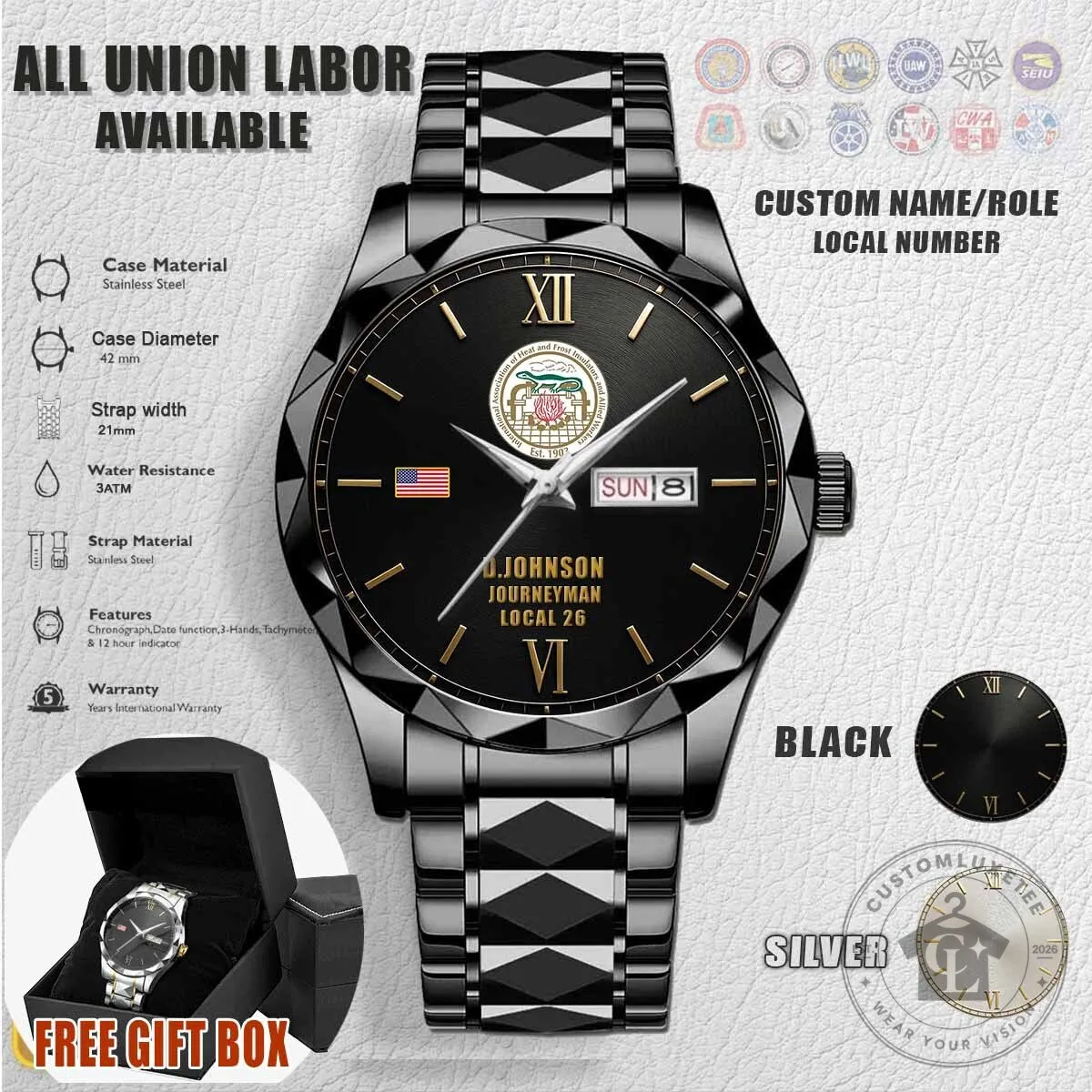 Union Insulators Stainless Steel Watch with Custom Name and Local Number