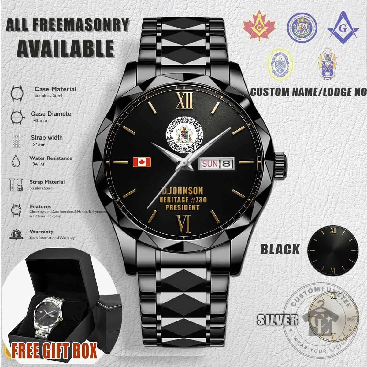 Grand Lodge of Quebec Freemasonry Custom Name Stainless Steel Watch