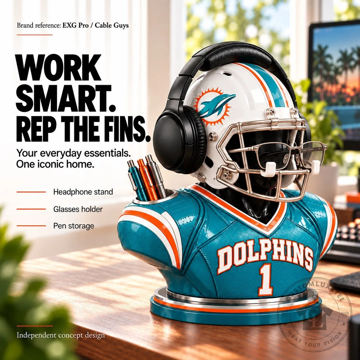 Miami Dolphins Football Helmet and Jersey Desk Organizer for Headphones and Glasses