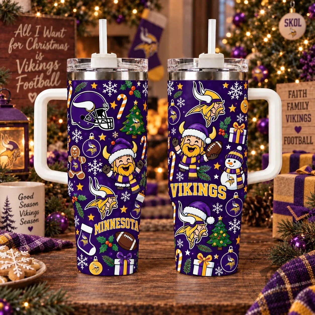 Minnesota Vikings Christmas Holiday Football Team Fan Tumbler with Handle