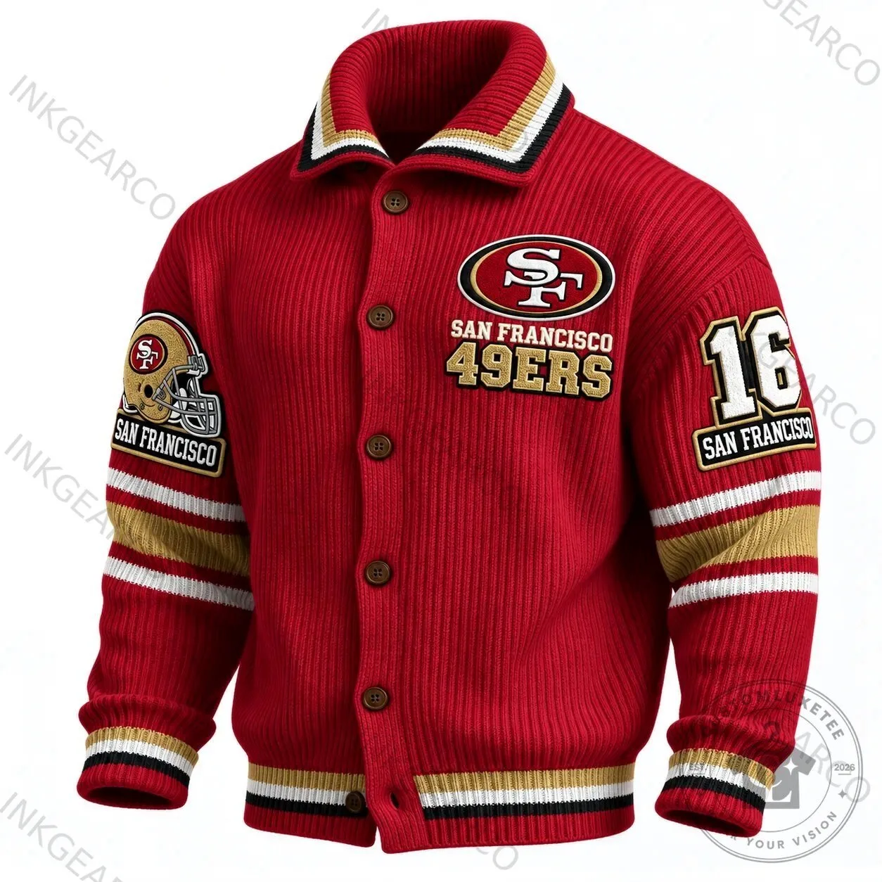 San Francisco 49ers Embroidered Red Knit Button-Up Cardigan Jacket