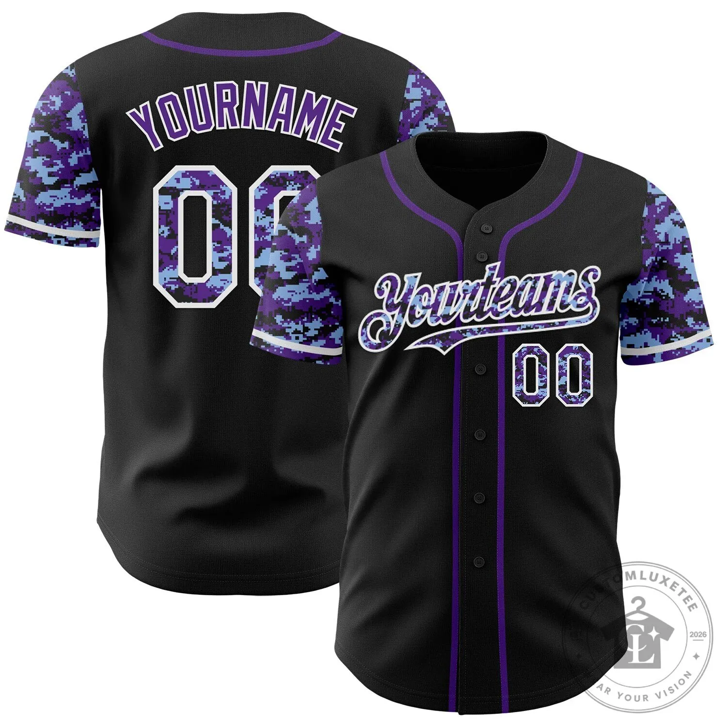 Custom Black Purple White Digital Camouflage Baseball Jersey