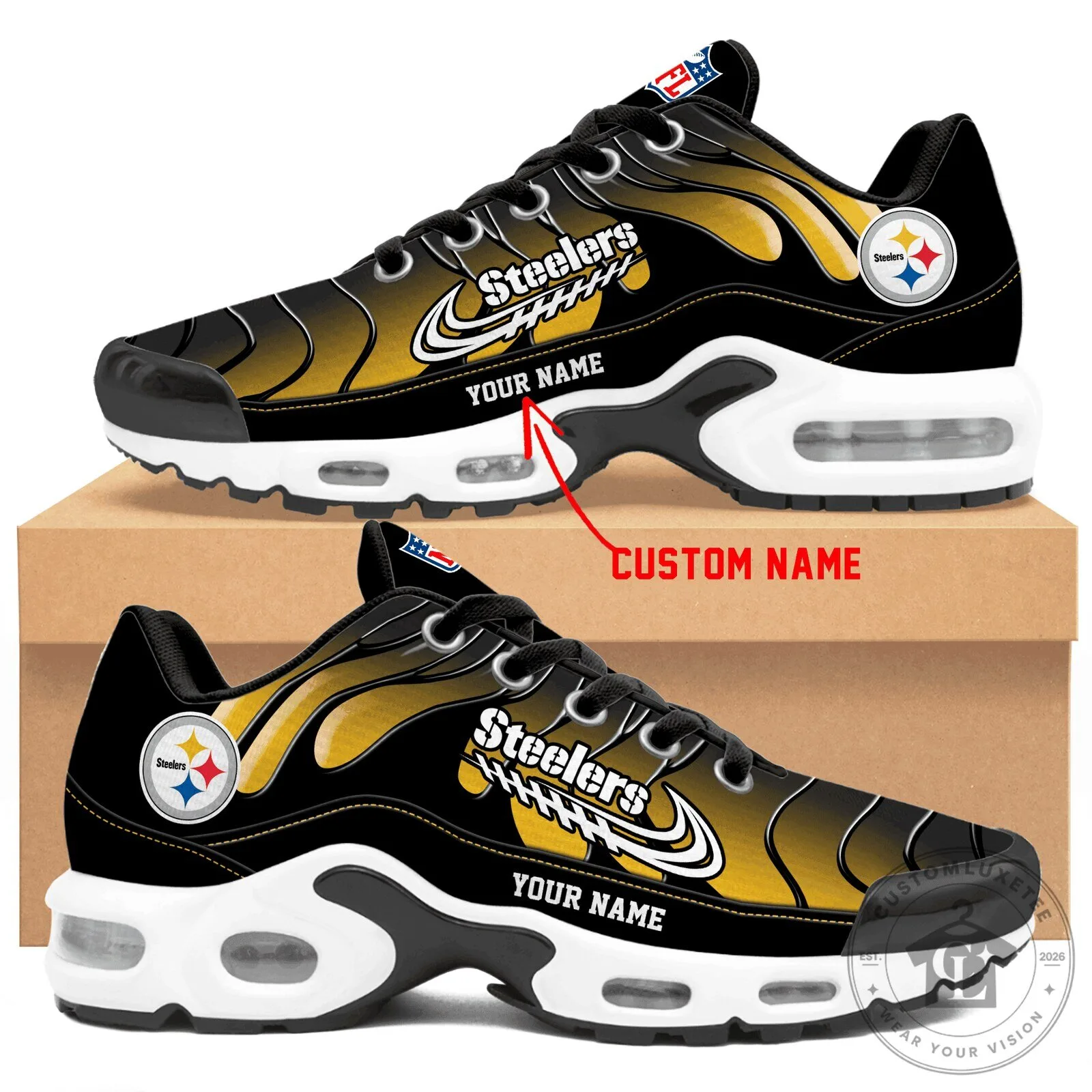 Pittsburgh Steelers Personalized Black and Gold Flame Design Running Shoes