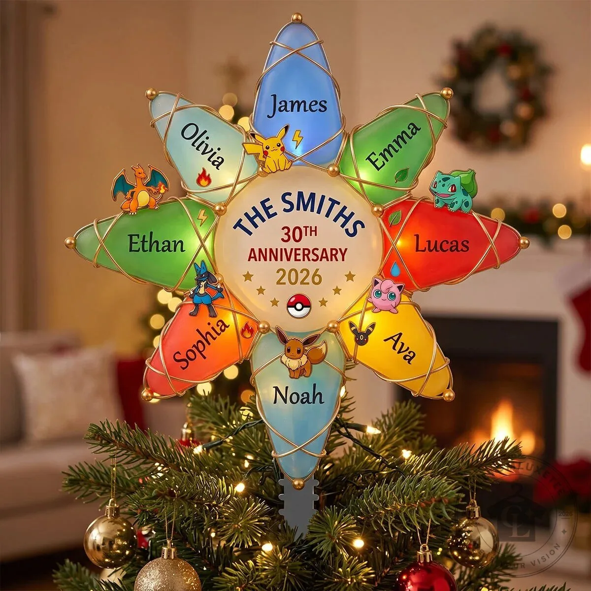 Personalized Pokemon Family Christmas Tree Topper with Names and Anniversary Year