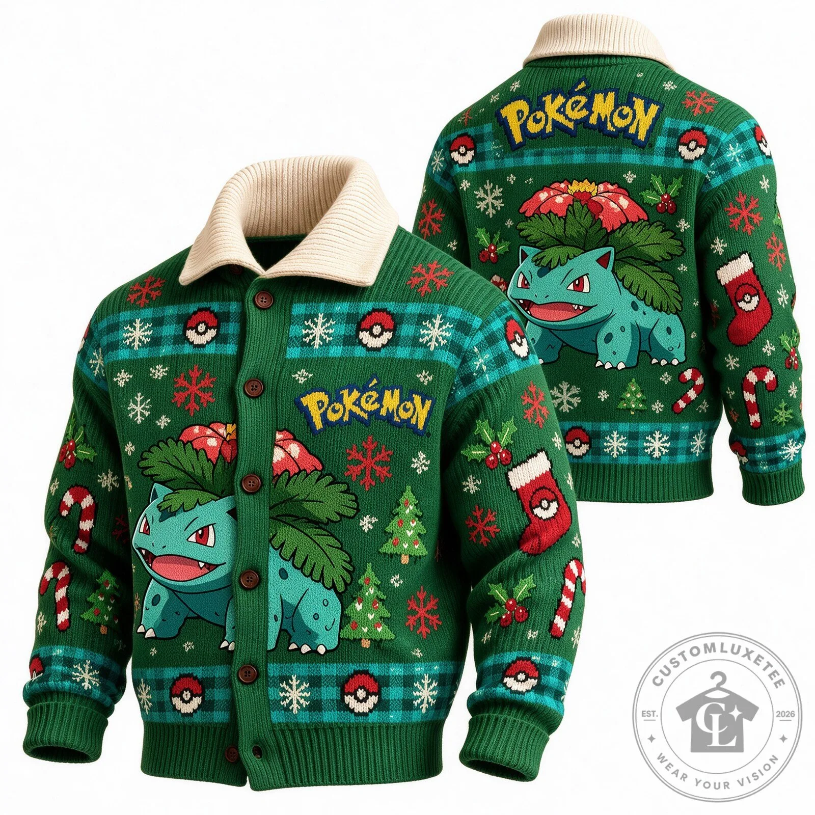 Pokemon Bulbasaur Christmas Holiday Ugly Sweater Knitted Cardigan
