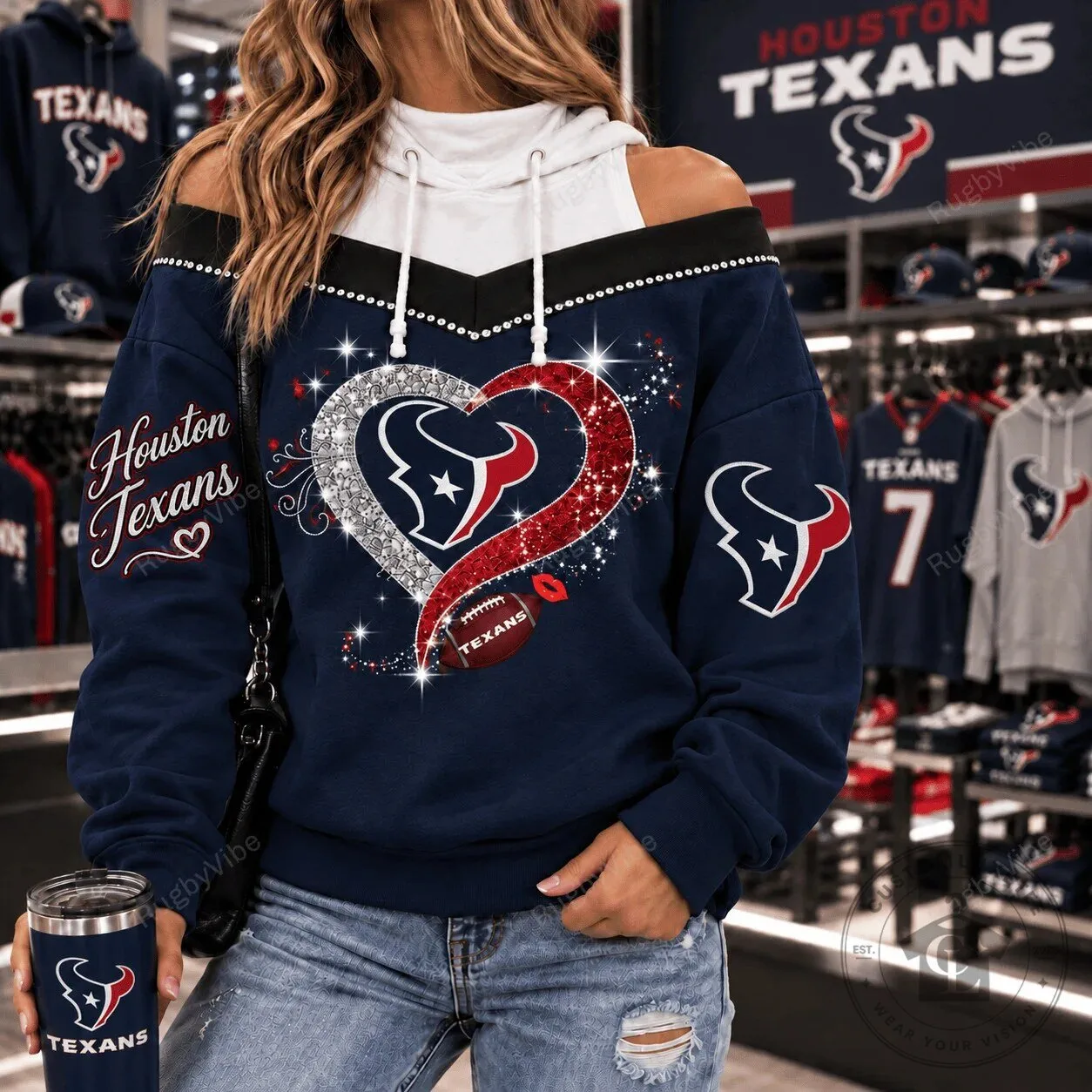 Houston Texans Football Team Glitter Heart Logo Women's Off Shoulder Sweatshirt