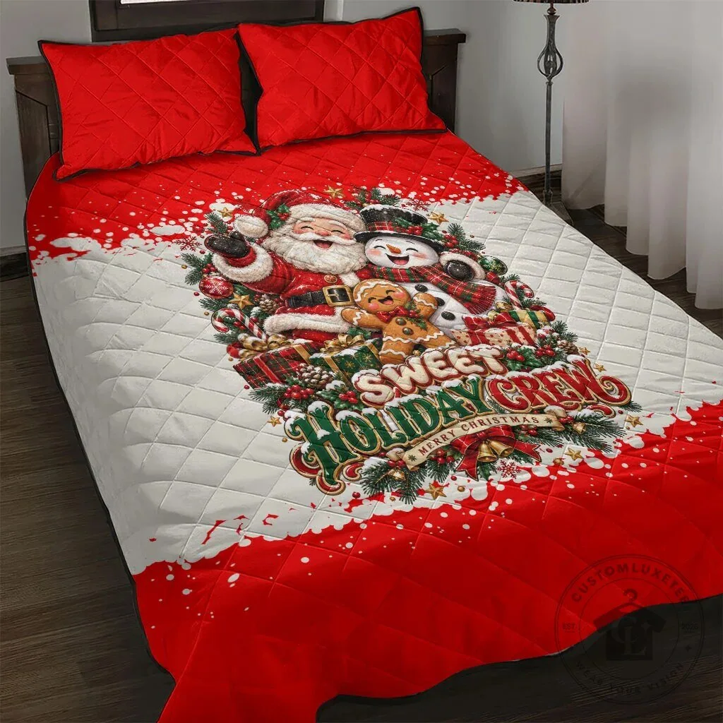 Sweet Holiday Crew Santa Snowman Gingerbread Christmas Quilt Bedding Set