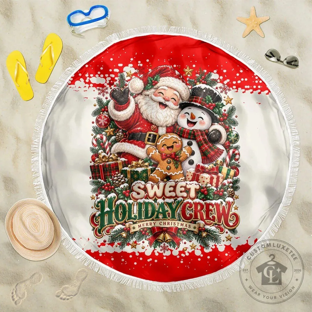 Sweet Holiday Crew Santa Snowman Gingerbread Christmas Round Beach Blanket