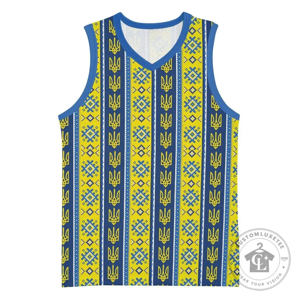 Ukrainian Trident Pattern Blue and Yellow Basketball Jersey