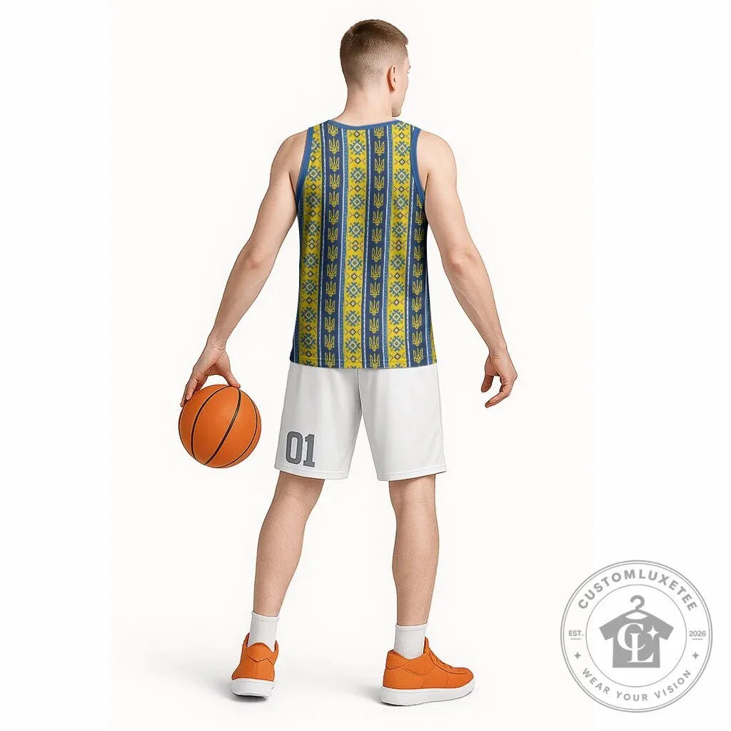 Ukrainian Trident Pattern Blue and Yellow Basketball Jersey 14 Ukrainian Trident Pattern Blue and Yellow Basketball Jersey