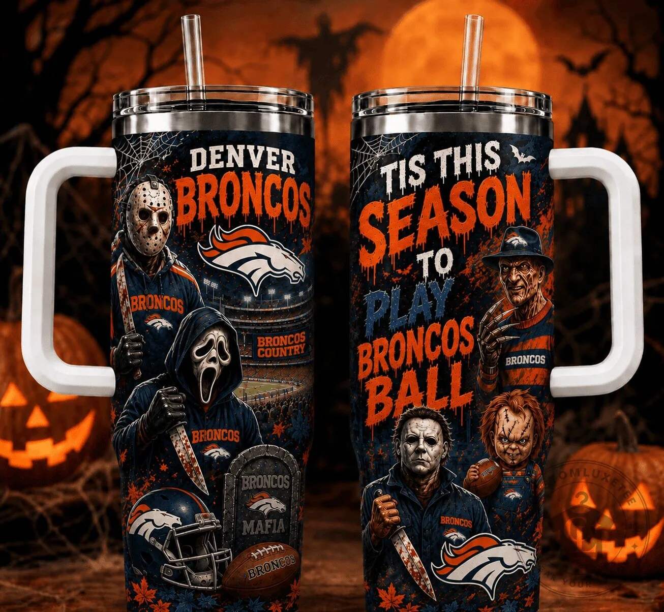 Halloween Horror Movie Characters Tumbler for Denver Broncos Football Fans