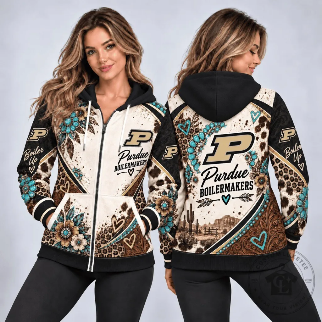 Purdue Boilermakers Western Boho Floral Leopard Print Full-Zip Hoodie Purdue Boilermakers Western Boho Floral Leopard Print Full-Zip Hoodie
