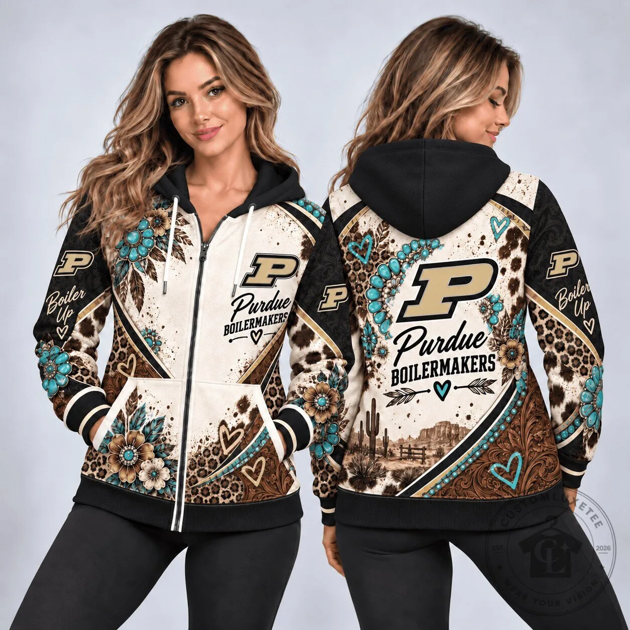 Purdue Boilermakers Western Boho Floral Leopard Print Full-Zip Hoodie