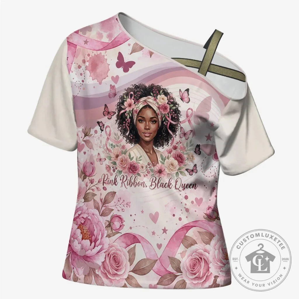 African American Breast Cancer Warrior Pink Ribbon Black Queen One Shoulder T-Shirt