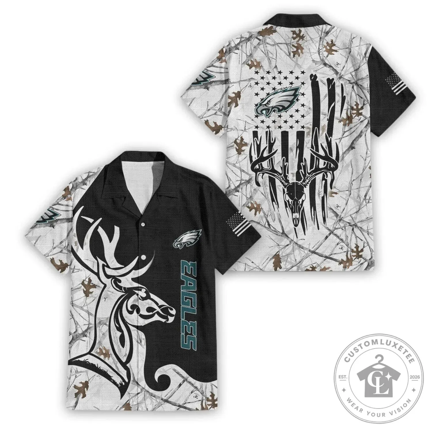 Philadelphia Eagles Hunting Camouflage American Flag Deer Skull Hawaiian Shirt