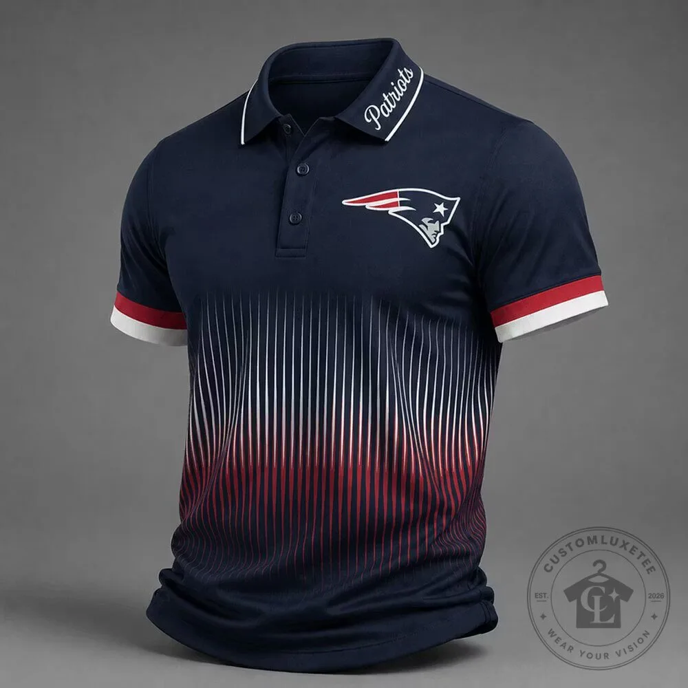 New England Patriots NFL Football Team Navy Blue Striped Logo Polo Shirt