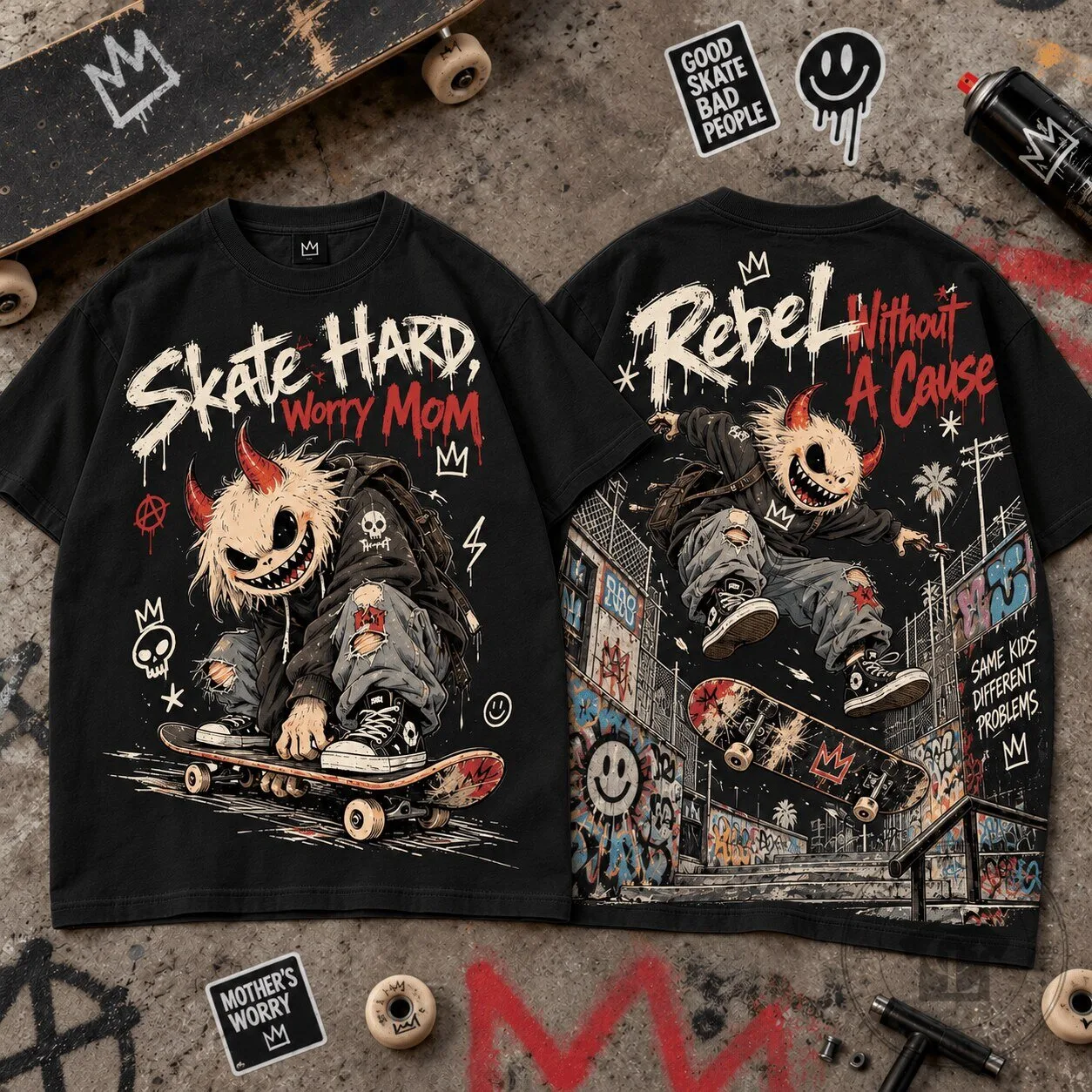 Skate Hard Worry Mom Rebel Skater Streetwear Graphic T-Shirt