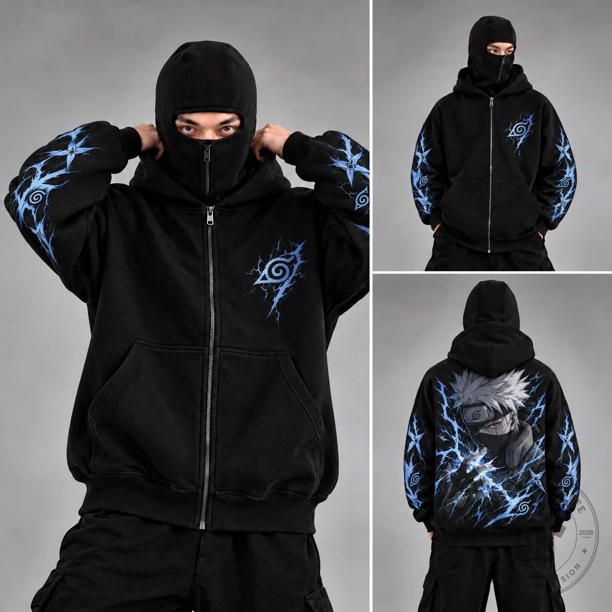 Naruto Kakashi Hatake Lightning Style Black Zip Up Hoodie