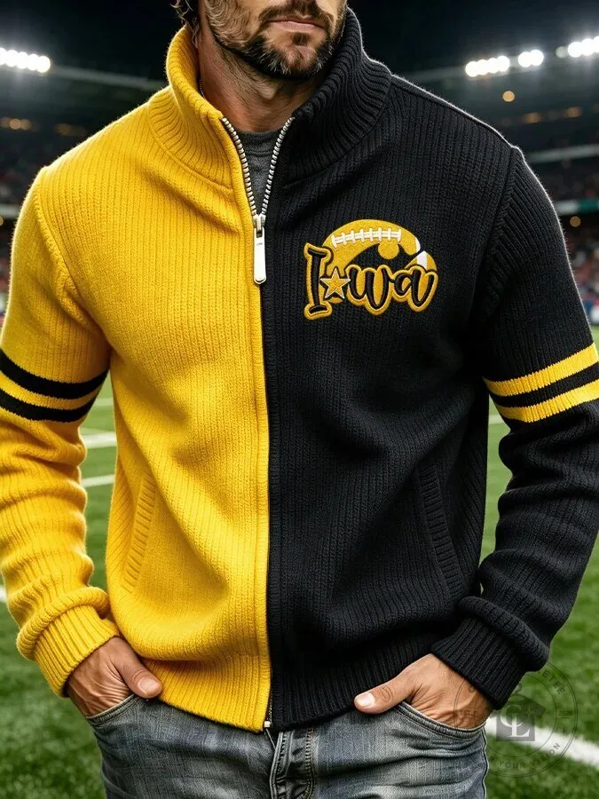 Iowa Hawkeyes Football Team Black and Gold Striped Full-Zip Knitted Jacket