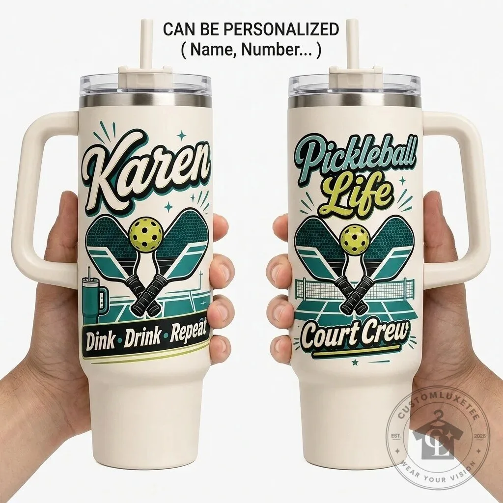 Personalized Pickleball Life 40oz Tumbler with Handle, Custom Name Court Crew Gift