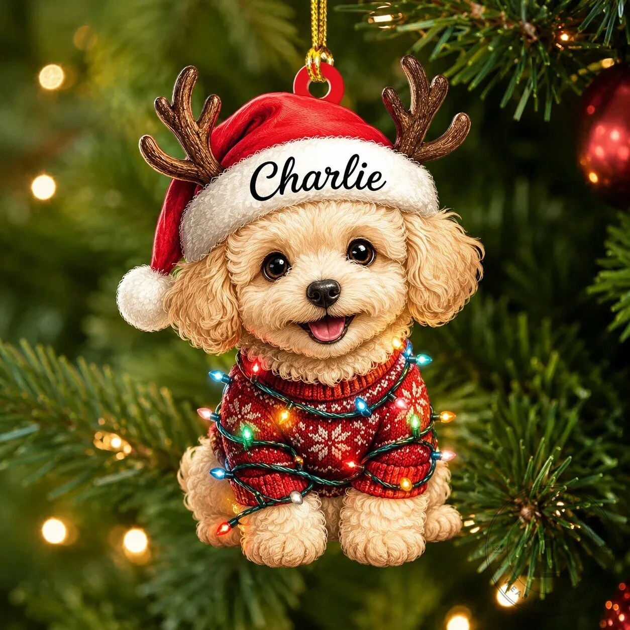 Personalized Poodle Dog Christmas Ornament with Antlers and Lights