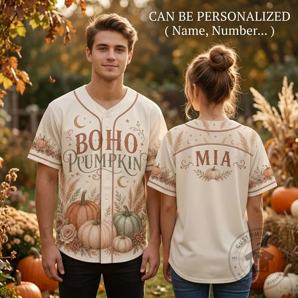 Personalized Boho Pumpkin Autumn Fall Aesthetic Custom Name Baseball Jersey