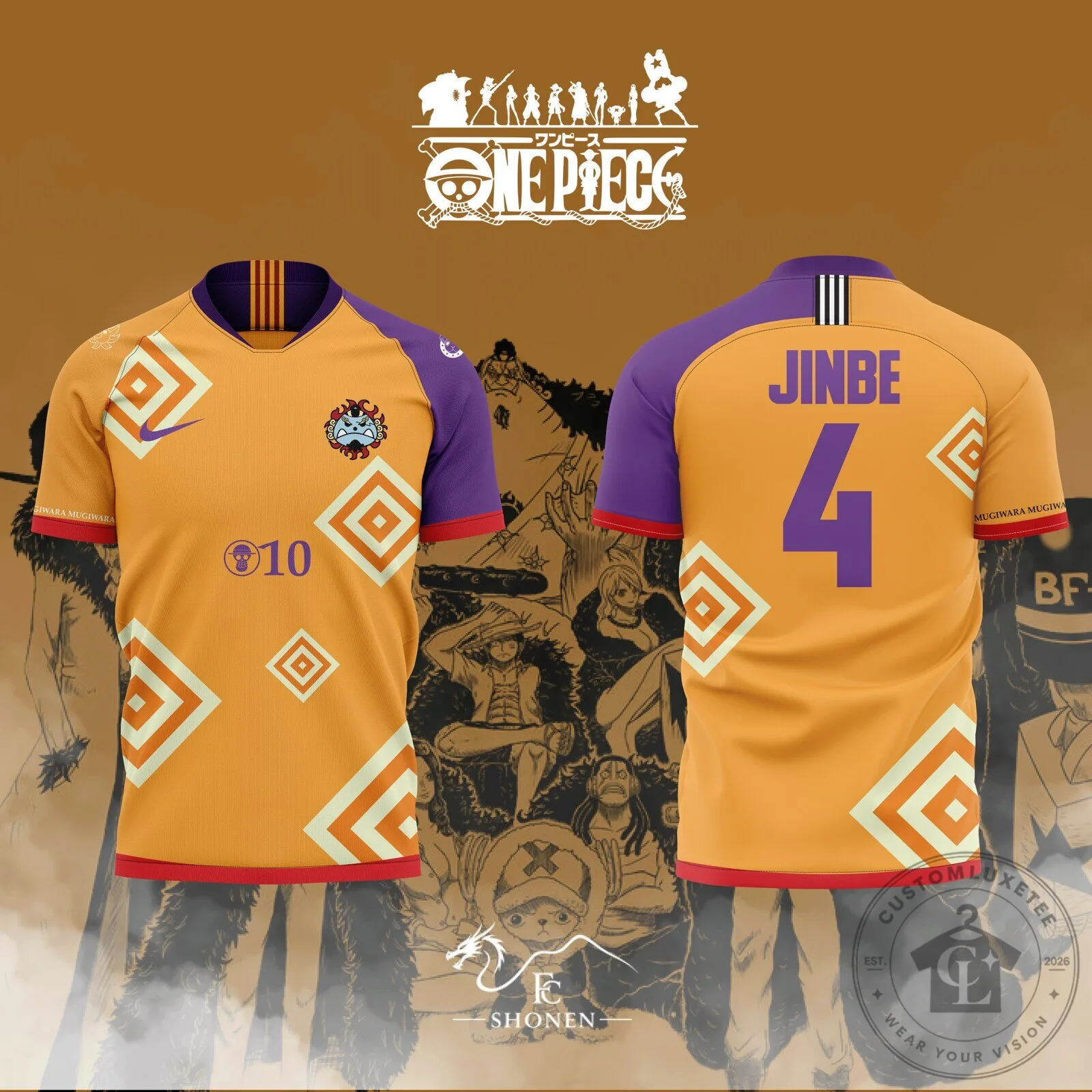 One Piece Jinbe Character Soccer Jersey with Number 4 and Straw Hat Pirates Logo