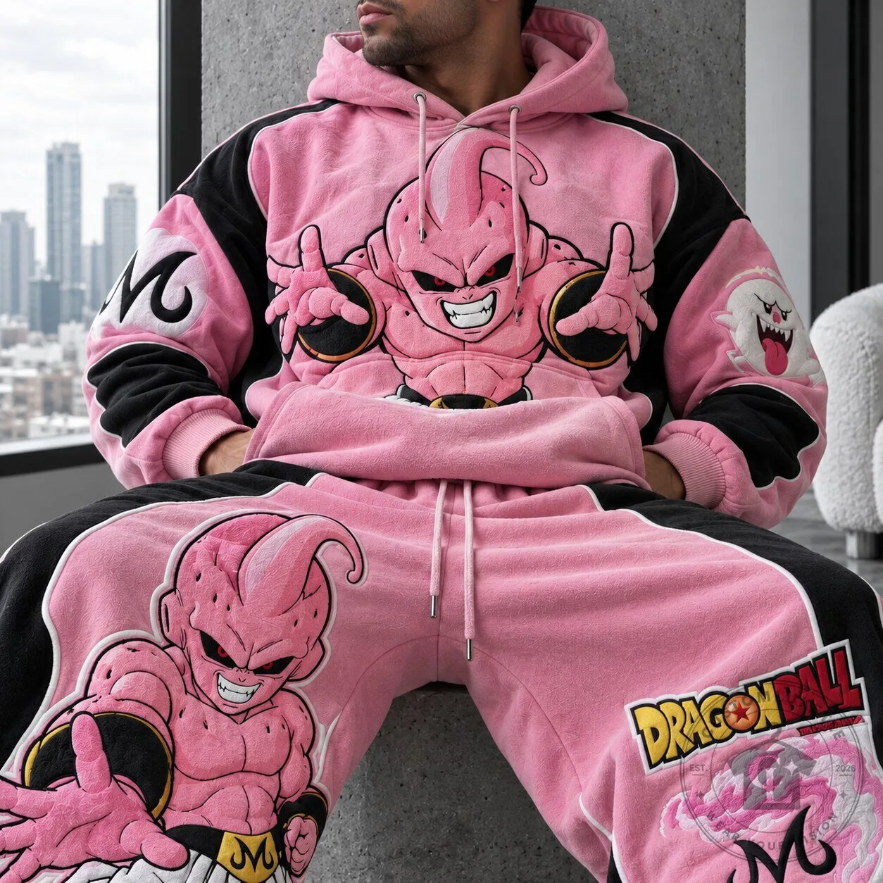 Dragon Ball Z Majin Buu Pink Embroidered Oversized Hoodie