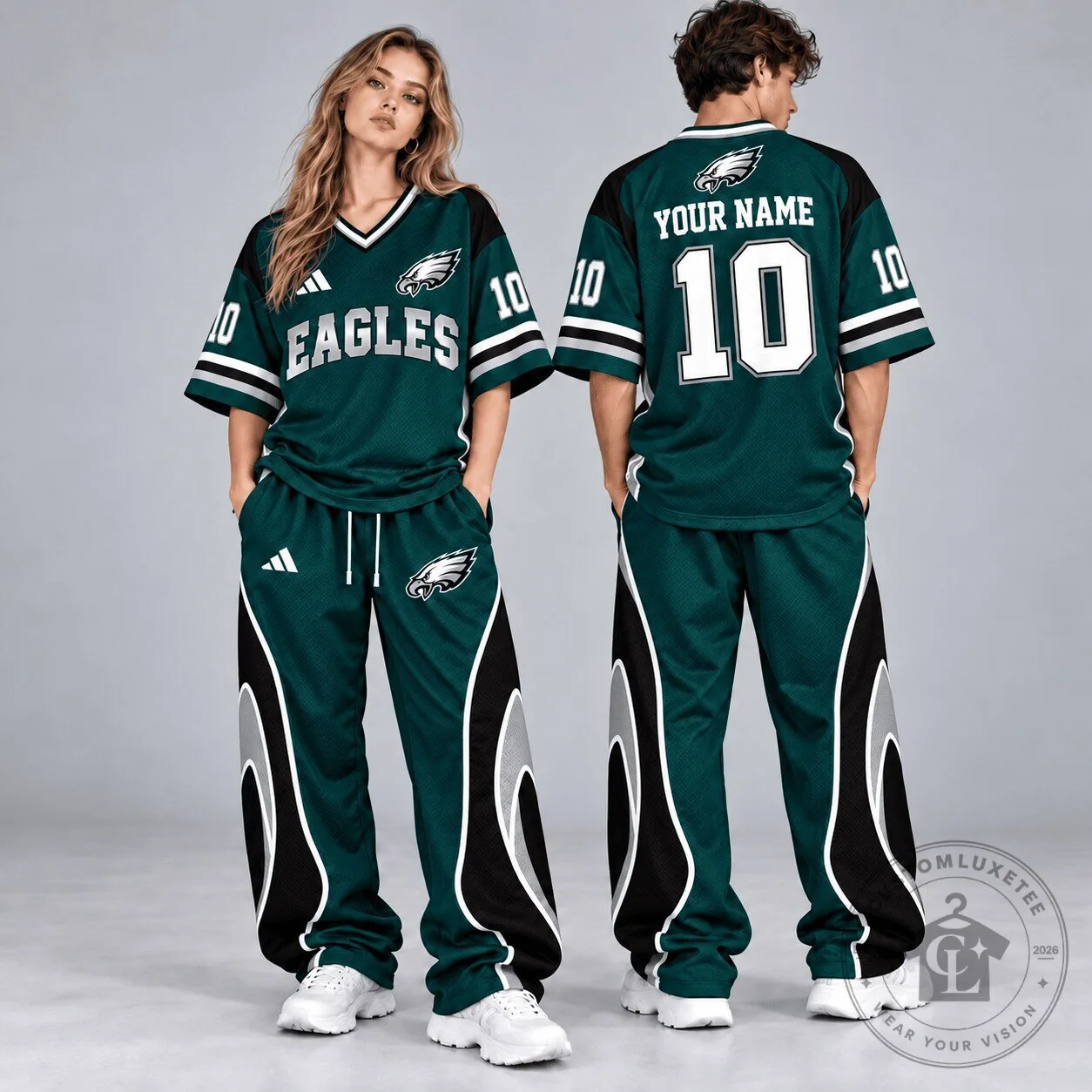 Philadelphia Eagles Custom Name Number Varsity V-Neck Oversized Football Jersey