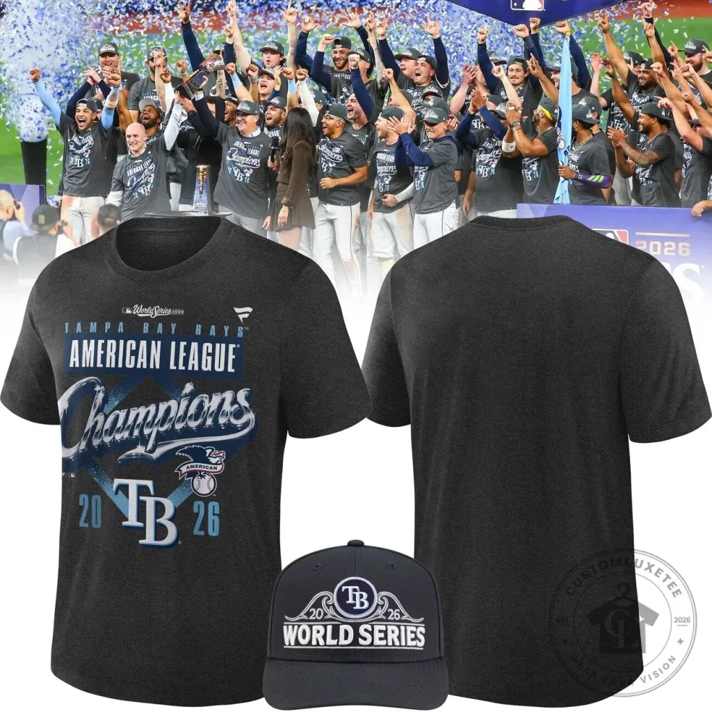 Locker Room T-Shirt for 2026 American League Champions - Tampa Bay Rays Locker Room T-Shirt for 2026 American League Champions - Tampa Bay Rays
