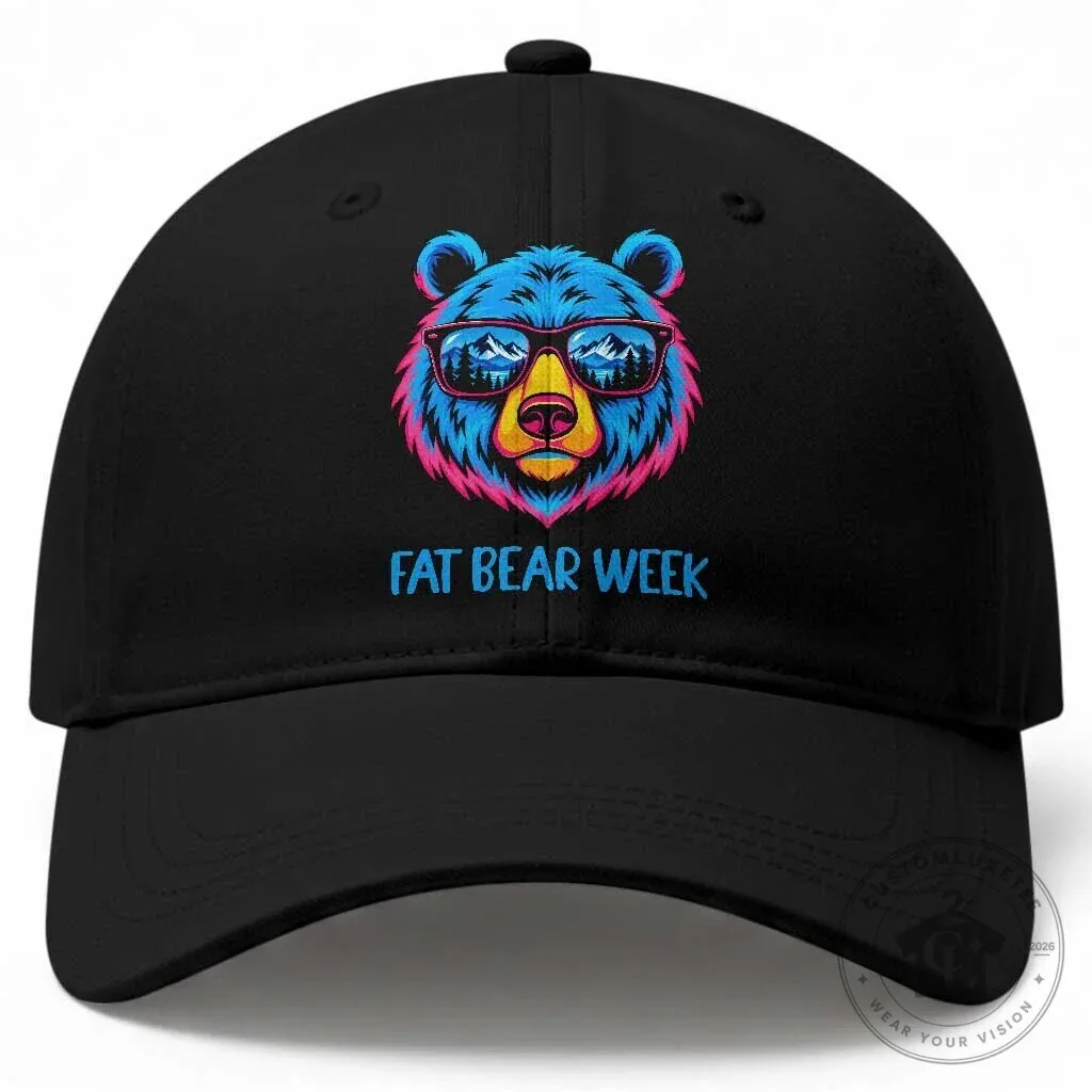 Fat Bear Week Neon Bear Wearing Sunglasses Mountain Reflection Baseball Cap Hat