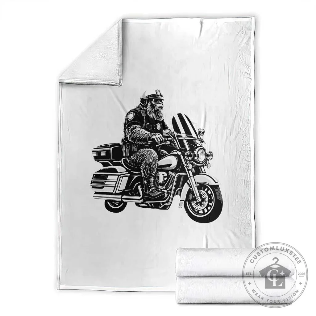 Funny Bigfoot Police Riding Motorcycle Patrol Biker Cryptid Throw Blanket