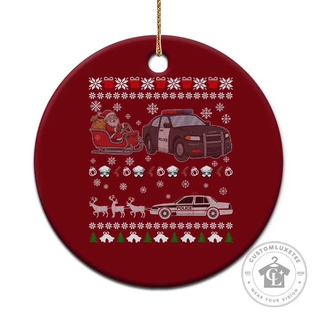 Police Car Santa Sleigh Reindeer Christmas Holiday Ceramic Ornament