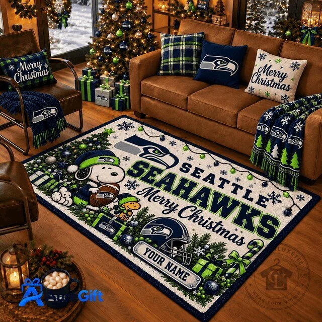 Seattle Seahawks Snoopy Christmas Holiday Area Rug Personalized with Your Name