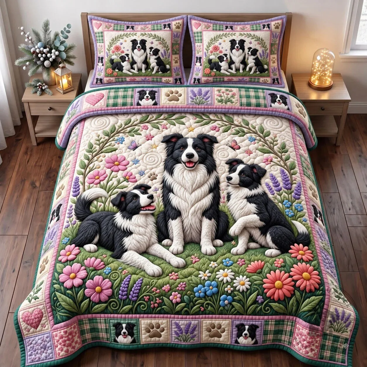 Border Collie Dogs and Flowers Quilted Bedding Set with Pillow Shams