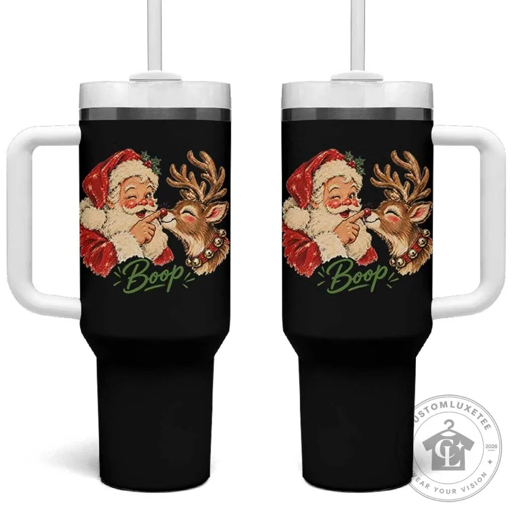 Funny Santa Claus Booping Reindeer Nose Christmas Holiday Tumbler with Handle