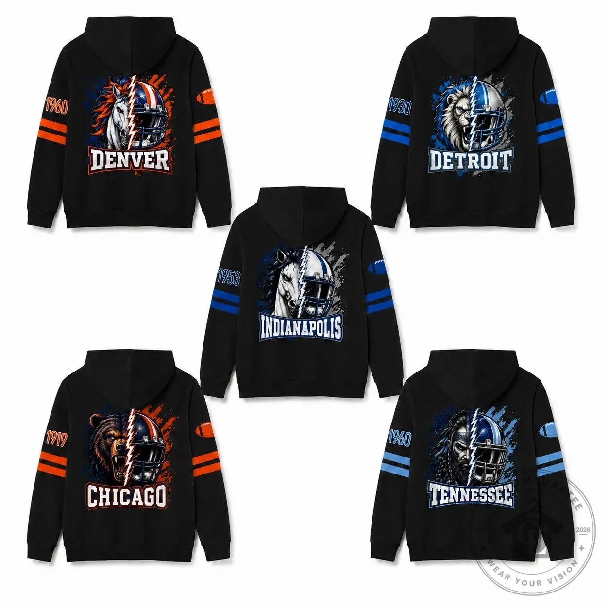Football Team Mascot Helmet Split Design Graphic Print Black Hoodie