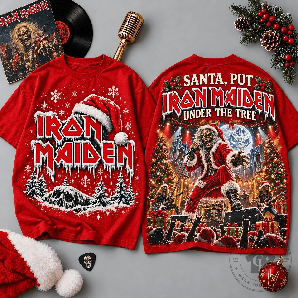 Iron Maiden Eddie Christmas Holiday Concert Scene Red T-Shirt