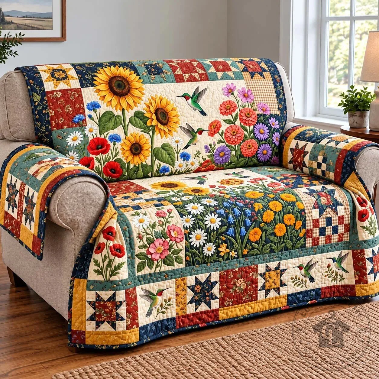 Sunflower Hummingbird Garden Floral Patchwork Quilted Sofa Cover