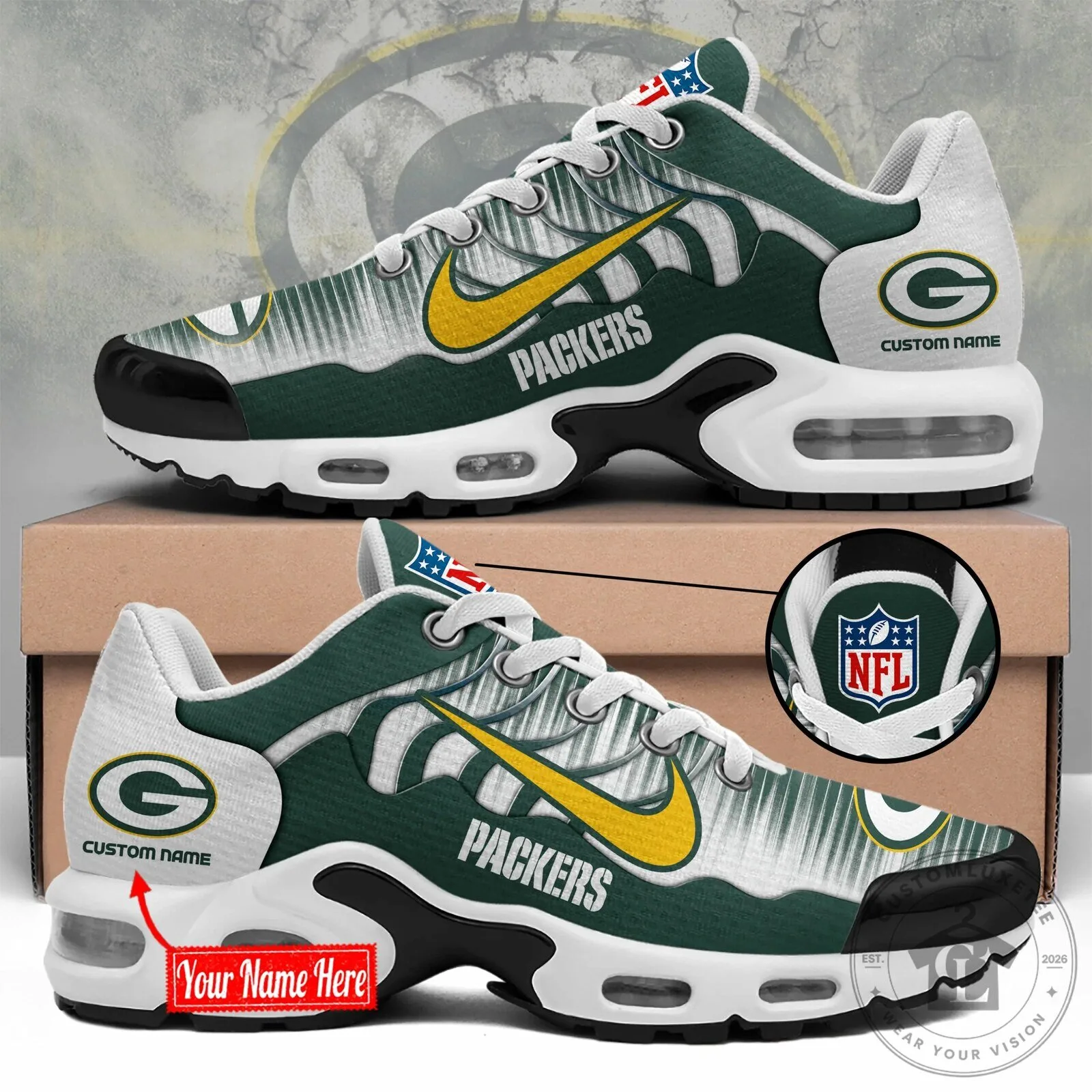 Custom Name Sneakers in White and Green for Green Bay Packers NFL Fans