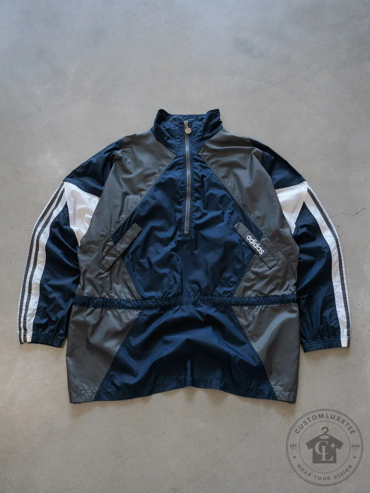 Vintage Adidas Navy Blue and Gray Colorblock Windbreaker Jacket